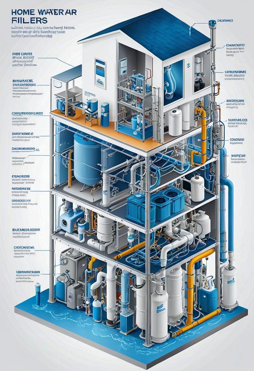 An intricate illustration of various filtration technologies, featuring home water filters, industrial air purifiers, and high-tech membrane systems. Include diagrams showcasing the filtration process and the flow of clean elements. Use vibrant colors to highlight the differences in filter designs and applications. The background can feature a blend of industrial and home settings to symbolize versatility. super-realistic. vibrant colors. white background.