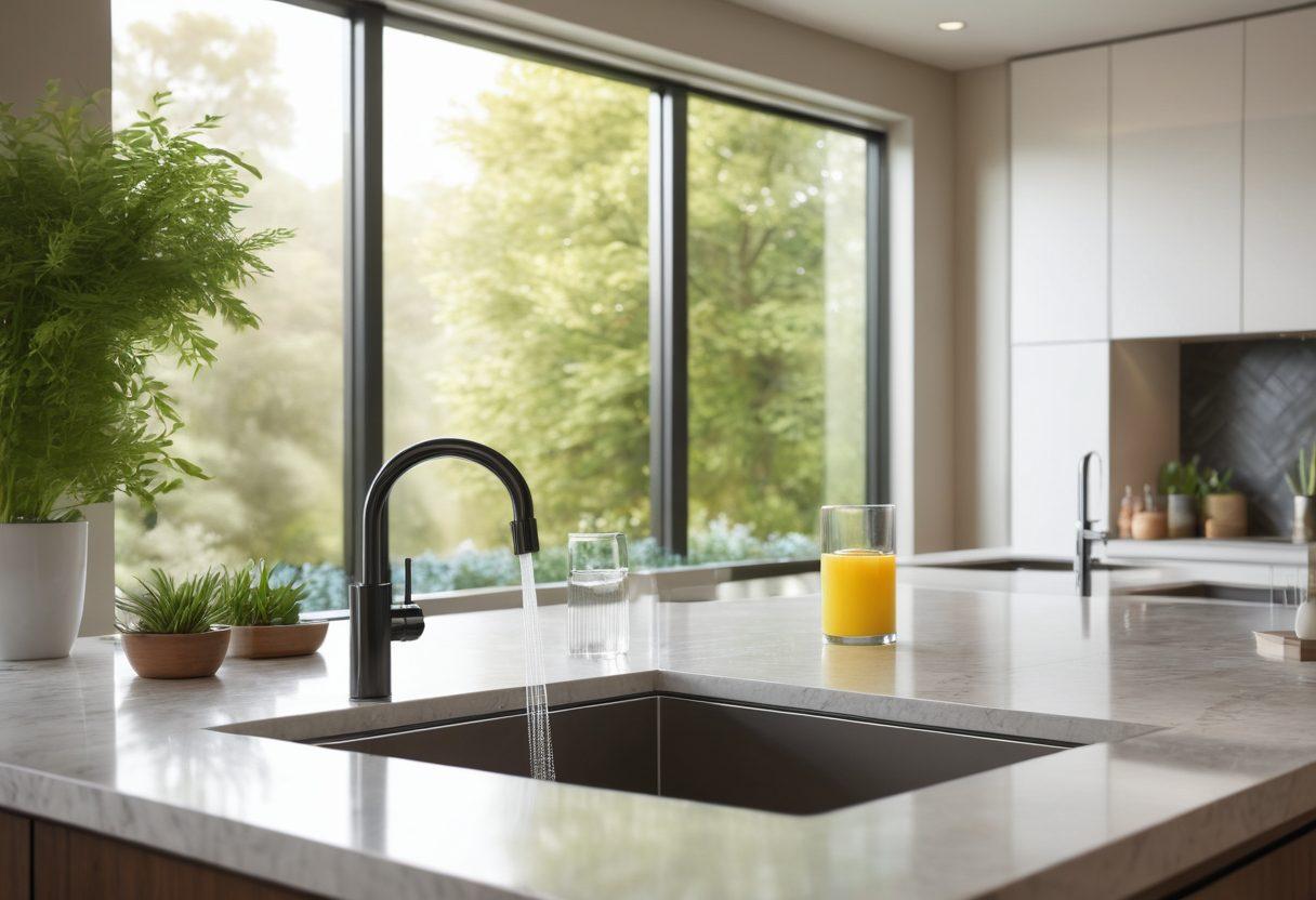 A serene home setting showcasing a state-of-the-art water filtration system alongside an air purification unit, both prominently displayed in a stylish kitchen. Sunlight streams through a window, illuminating clear, pristine water in a glass and a filter's indicator lights glowing softly. In the background, lush greenery represents clean air, while infographics subtly overlay the scene, highlighting key benefits of filtration systems. 3D, super-realistic, vibrant colors.